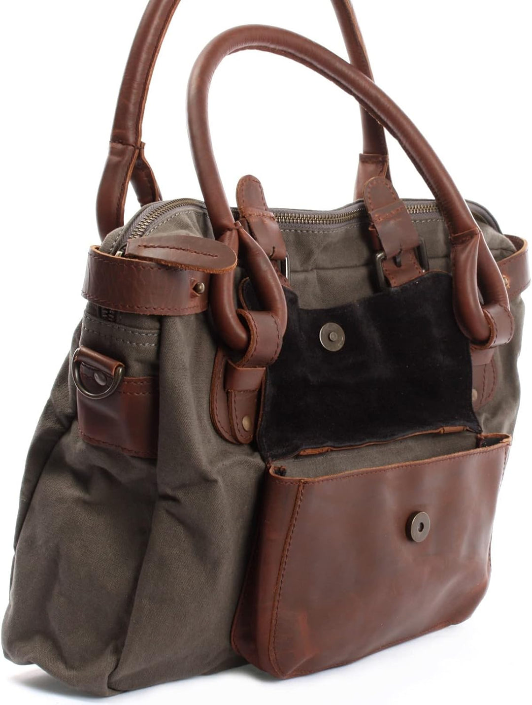 LECONI Henkeltasche Canvas + Echtleder Damentasche Retro-Look Handtasche Damen Vintage Schultertasch