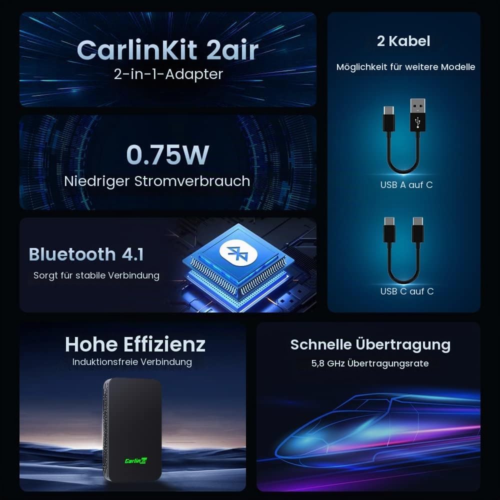 CarlinKit 2024 Neuer Upgrade CarlinKit 5.0 2Air Adapter, bringt drahtloses CarPlay/Android Auto, Plu