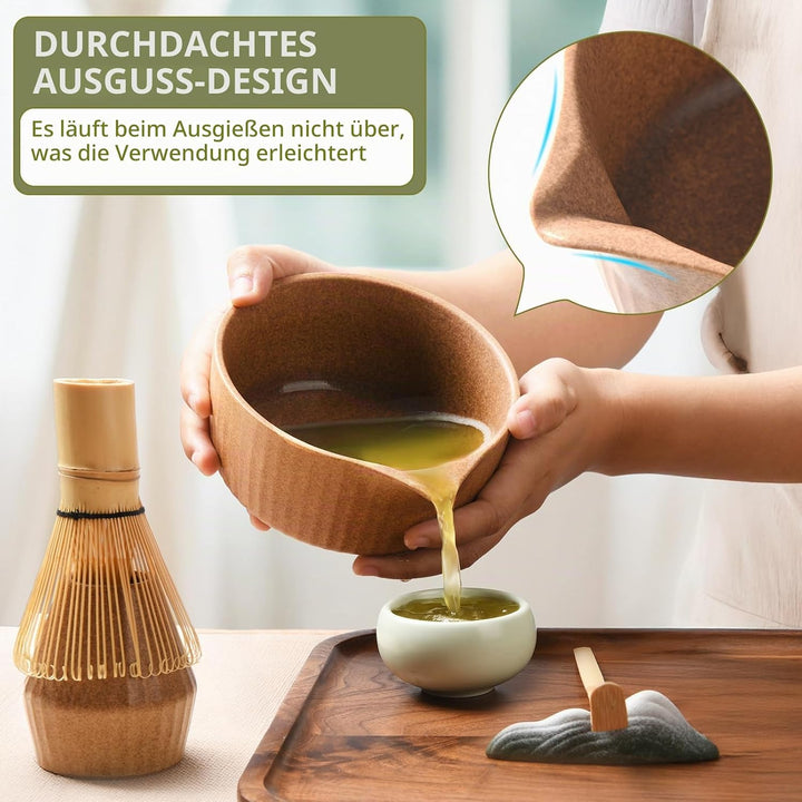 Matcha Set Premium 7-teilig Keramik: Matcha Schale, Bambus Besen (Chasen),Teebesenbasis，Teelöffel, S