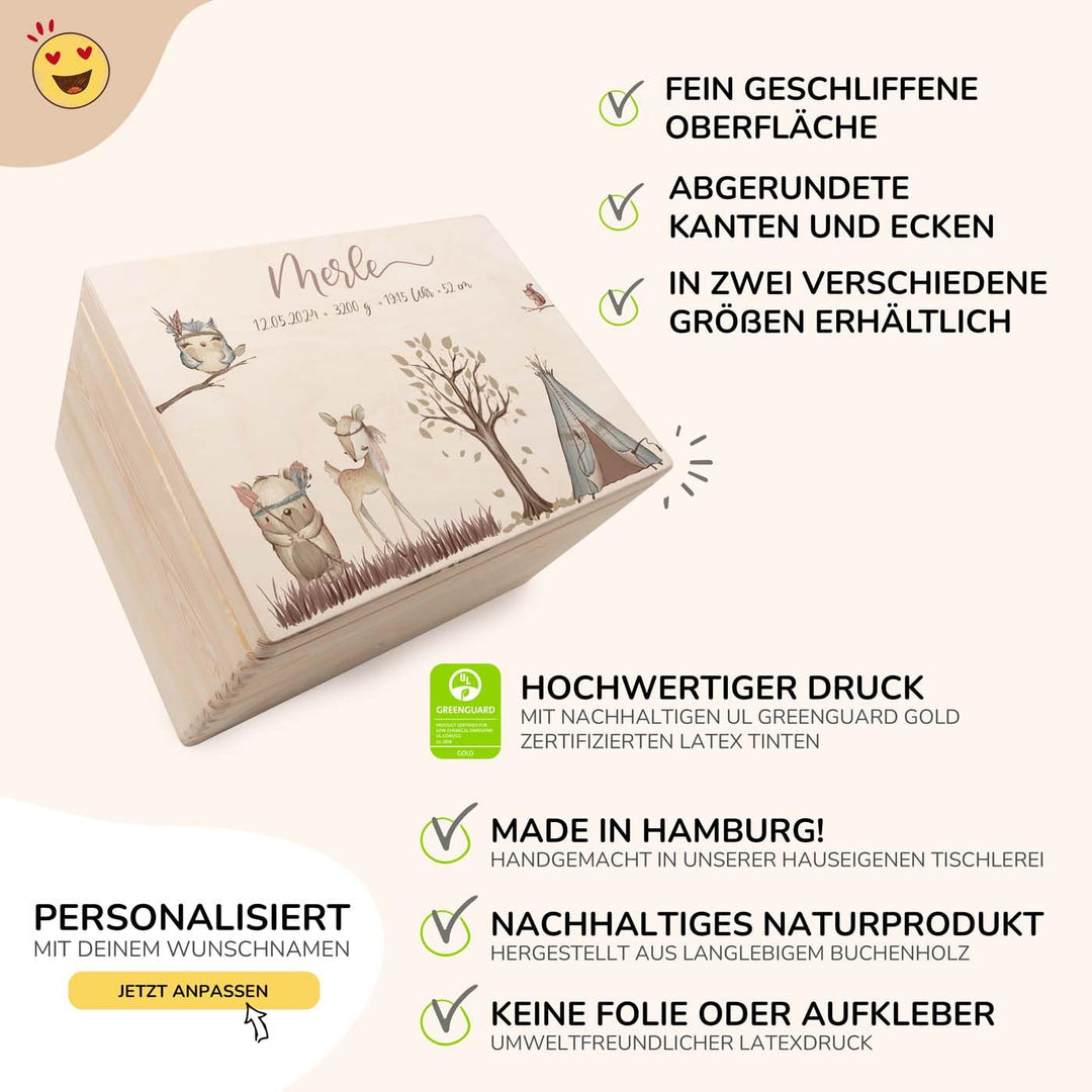 KIDSMOOD - Erinnerungsbox Baby, personalisierte Holzkiste mit Deckel, Ideal zur Aufbewahrung von Eri