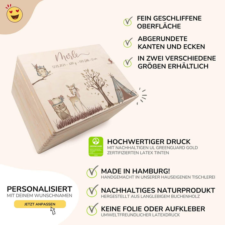 KIDSMOOD - Erinnerungsbox Baby, personalisierte Holzkiste mit Deckel, Ideal zur Aufbewahrung von Eri