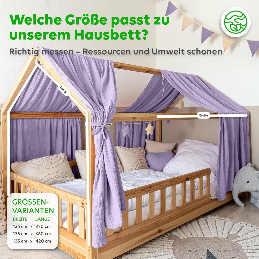 Hausbett Himmel mit Gold Applikation [in 12 Farben] Betthimmel Hausbett aus 100% Baumwolle Musselin