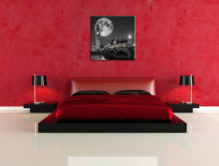 Pixxprint Big Ben vor dem Mond in London schwarz/weiss, Format: 70x70 auf Leinwand, 70x70