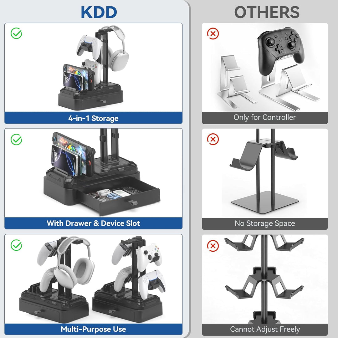 KDD Kopfhörer Ständer Gaming mit Schublade - Drehbare Headset Halterung Tisch & Controller Halter PS