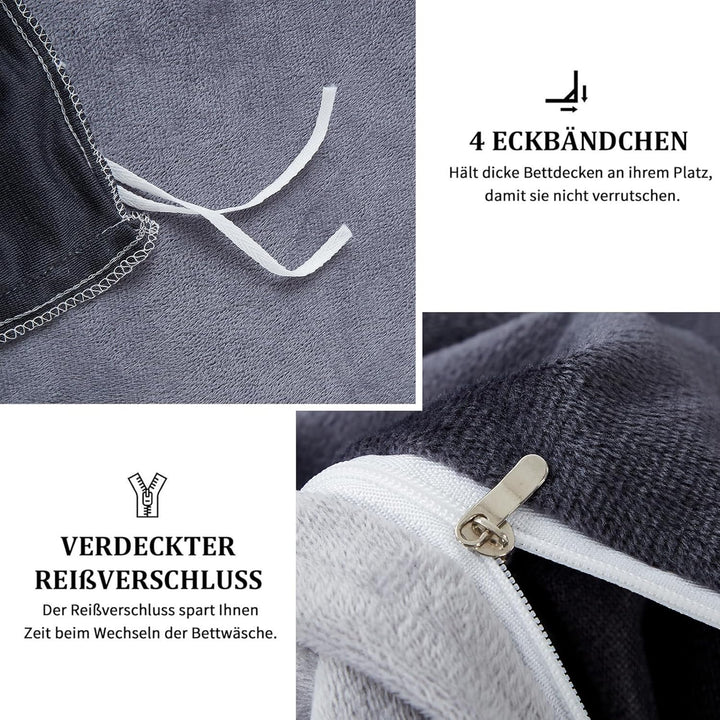 Freyamy Plüsch Bettwäsche 200x200cm 3Teilig Dunkelgrau Grau Samt Biber Cashmere Touch Winterbettwäsc