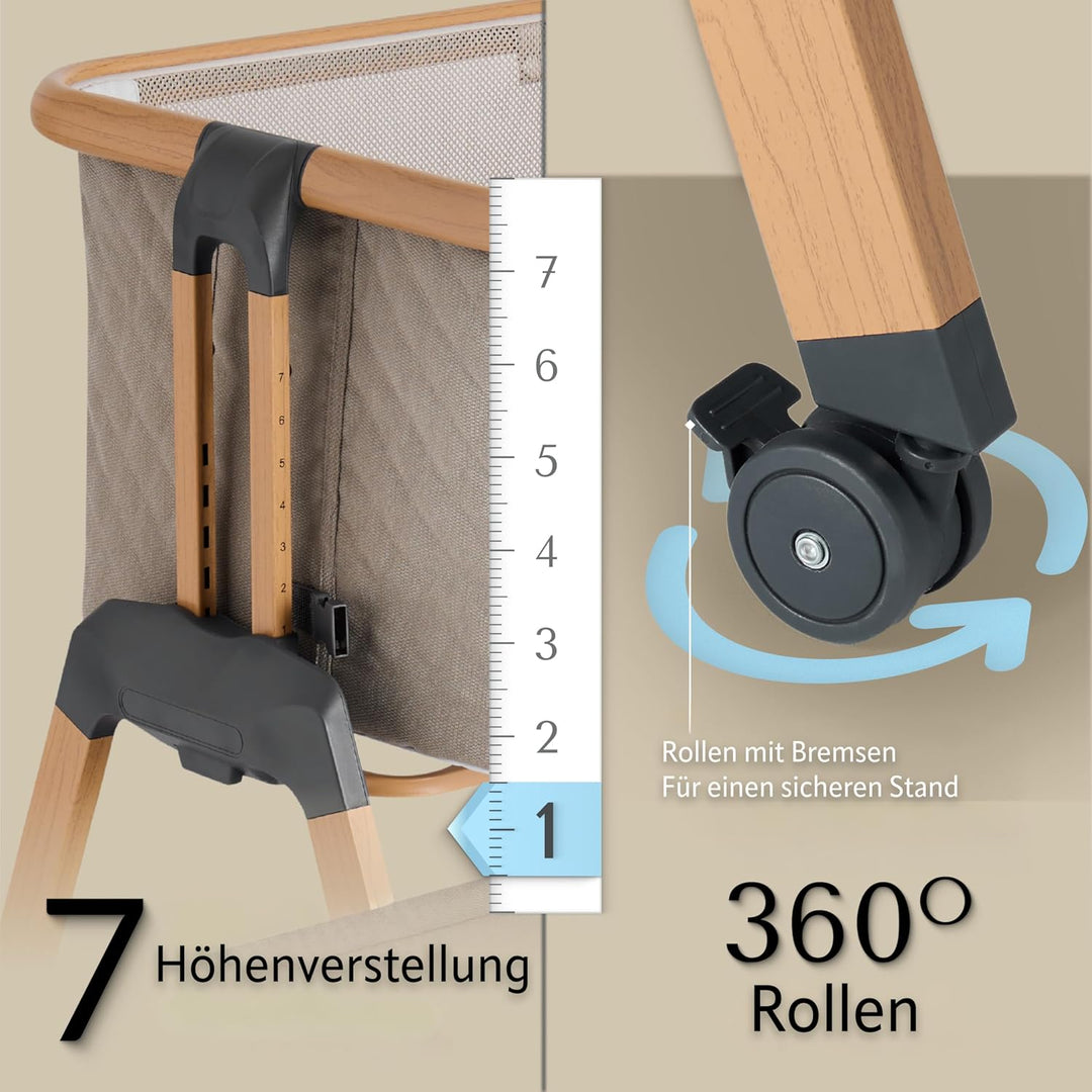 SnooBee Babybett Beistellbett Baby &amp; Co-Sleeper – Höhenverstellbares Babybett mit Matratze, Rollen m