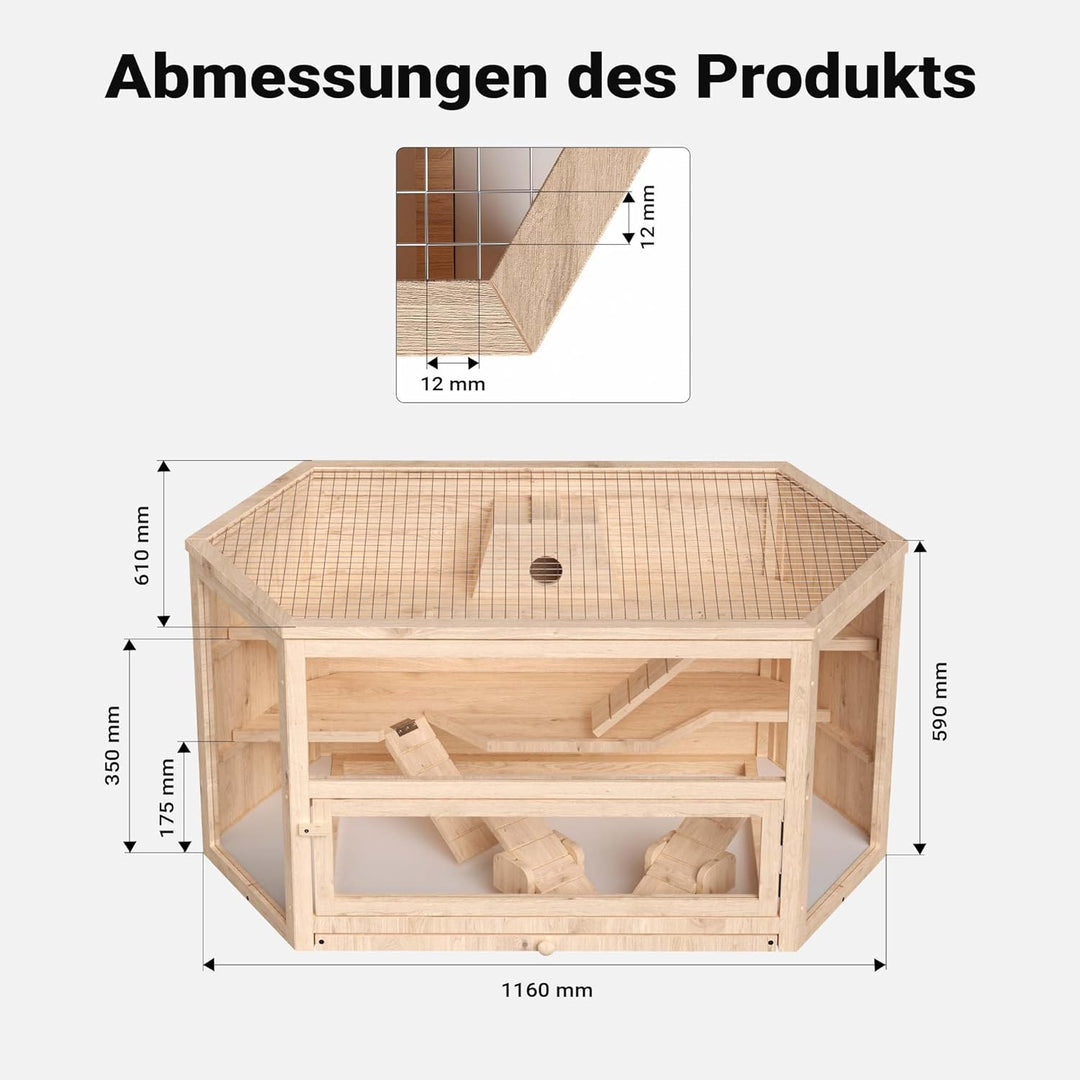 Wiltec XXL 3 Etagen Nagerkäfig, 6-eckig, 1150 x 600 x 580 mm, aus Holz, mit klappbarem Deckel & Sich