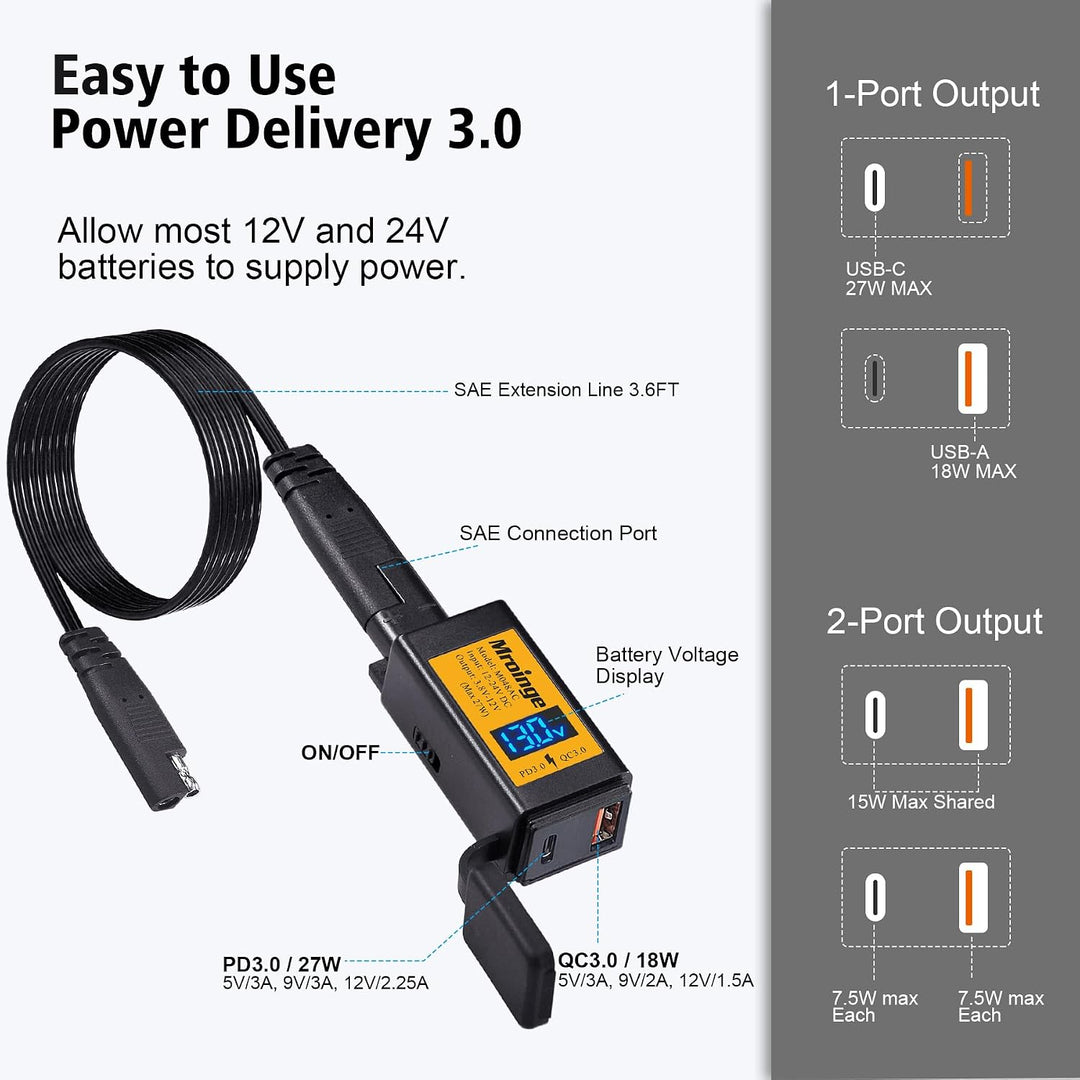 Mroinge Motorrad-USB-C-Ladegerät, SAE-auf-USB-Adapter, 27 W, Dual-Port-USB-Schnellladegerät mit Volt