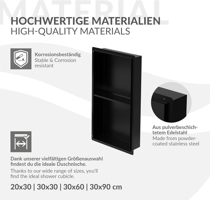 LuxeBath Wandnische Doppel aus Edelstahl, 30x60x10 cm, Schwarz, Duschnische, Randlos, Einbauregal, F