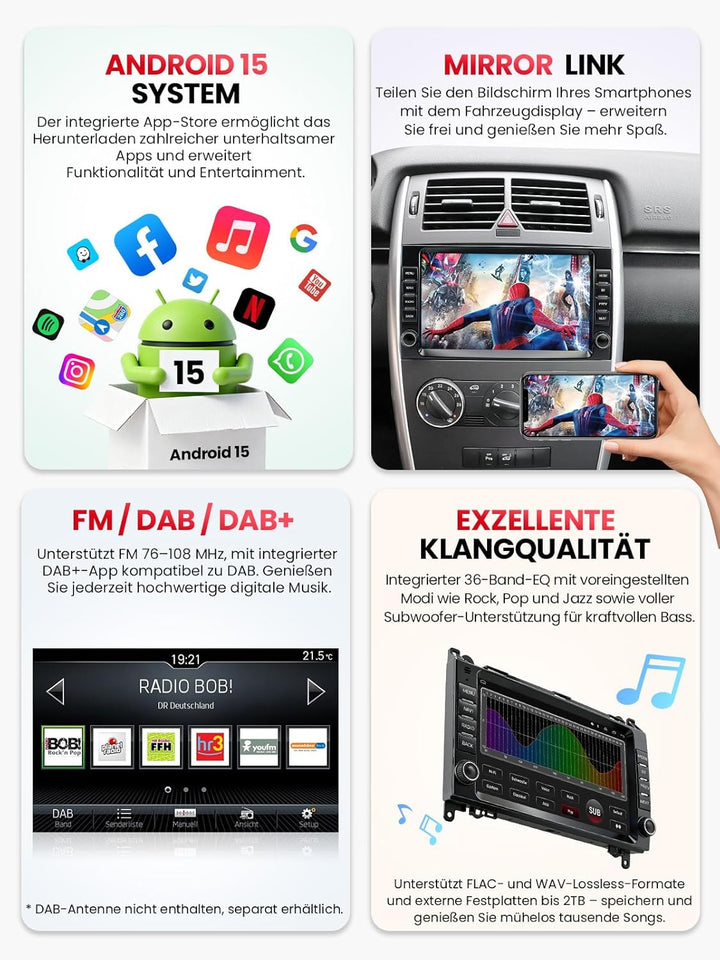 Doppel DIN Autoradio mit Bildschirm für Mercedes-Benz Vito W906 W169, Wireless CarPlay & Android Aut