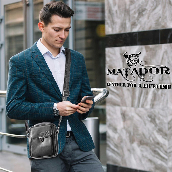 MATADOR kleine kompakte Leder Umhängetasche Herren Ledertasche Schultertasche Schwarz Nappa, Schwarz