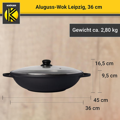 KRÜGER Aluguss-Wok Leipzig mit Glasdeckel und Zubehör 36 cm - Wokpfanne mit Antihaft Versiegelung -