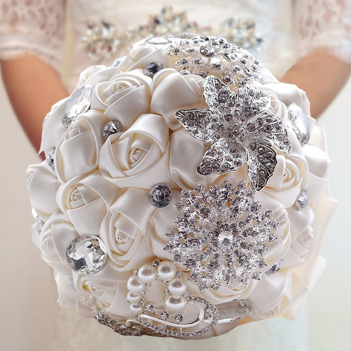Fouriding Handgemachte Brosche Brautstrauss Braut Satin Rosen Blumen Strass Perlen Blumensträusse Ho
