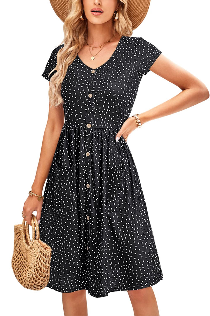 OUGES Sommerkleid Damen Casual Kleid V-Ausschnitt Midi Kleider Knopfleiste Freizeitkleid mit Taschen
