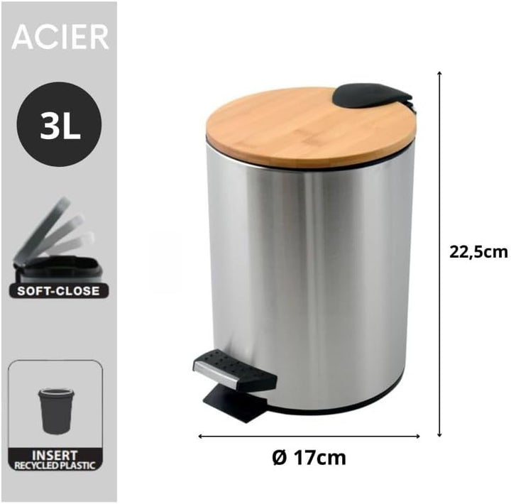 Spirella - Treteimer Adonis - Edelstahl und Bambus - Geräuschloser Deckel mit Soft-Close-Funktion -