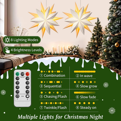 Lewondr Papier Stern Dekoration 2 Packungen, Weihnachten Papier Stern Laterne mit Fernbedienung, DRE