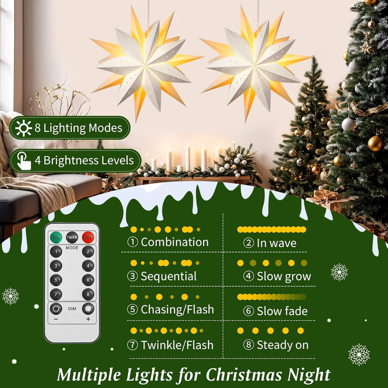 Lewondr Papier Stern Dekoration 2 Packungen, Weihnachten Papier Stern Laterne mit Fernbedienung, DRE