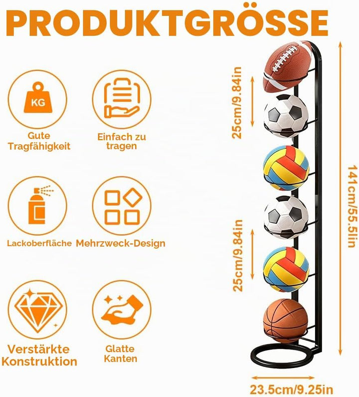 6 Stufiger Ballständer, Ballhalter aus Metall Ball Aufbewahrung, Vertical Ballregal Football Ständer