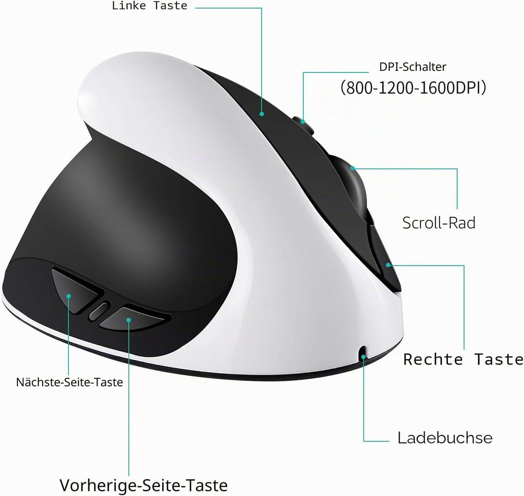 Linkshändermaus, wiederaufladbare AURTEC-2,4G-Drahtlos-Ergonomische Vertikale Mäuse mit USB-Empfänge