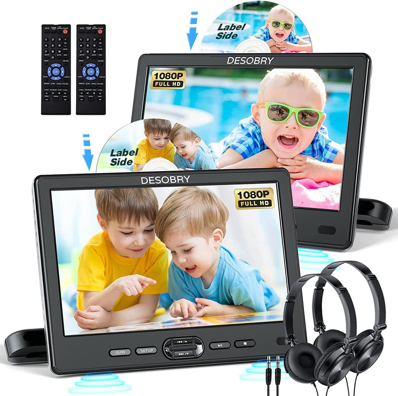 DESOBRY Auto DVD Player 10,5 Zoll 2 Monitore Kopfstütze 2 Kopfhörer HDMI Eingang AV Kabel, Tragbarer