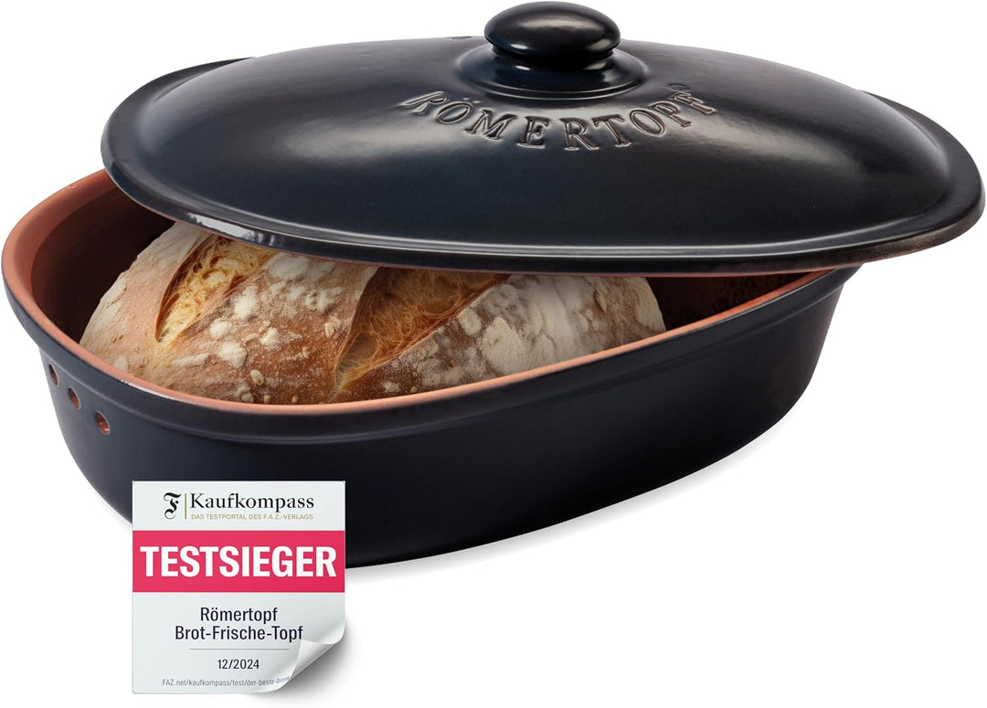 Römertopf Brottopf oval MEDI 2,3 Liter - Brotkasten Schwarz aus Keramik - Atmungsaktiver Tontopf für