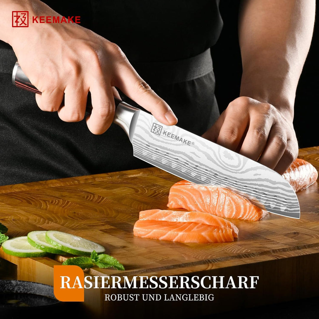 KEEMAKE Küchenmesser Santoku Messer, 18cm Messer Küche Kochmesser aus Edelstahl mit Klingenschutz, S