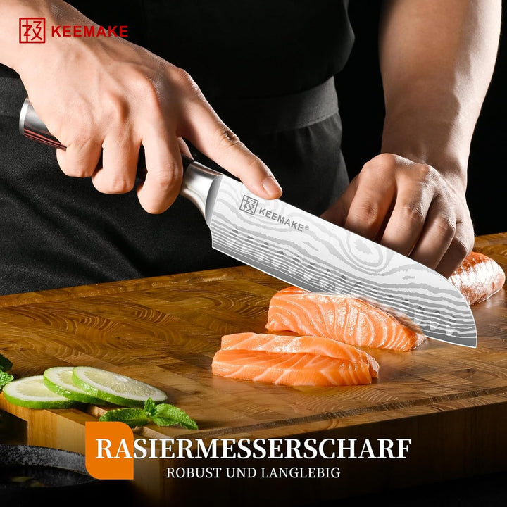 KEEMAKE Küchenmesser Santoku Messer, 18cm Messer Küche Kochmesser aus Edelstahl mit Klingenschutz, S