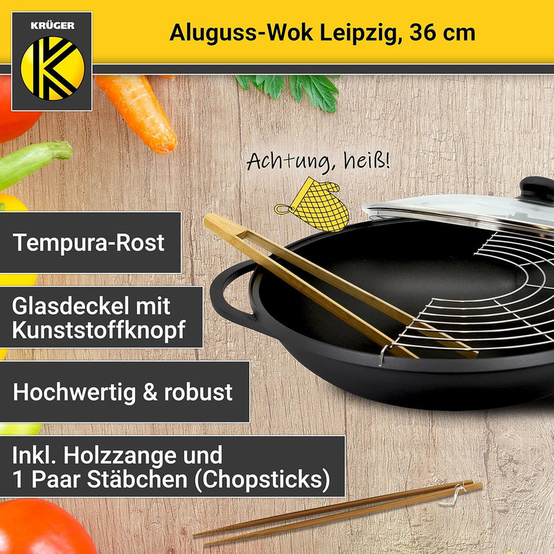 KRÜGER Aluguss-Wok Leipzig mit Glasdeckel und Zubehör 36 cm - Wokpfanne mit Antihaft Versiegelung -