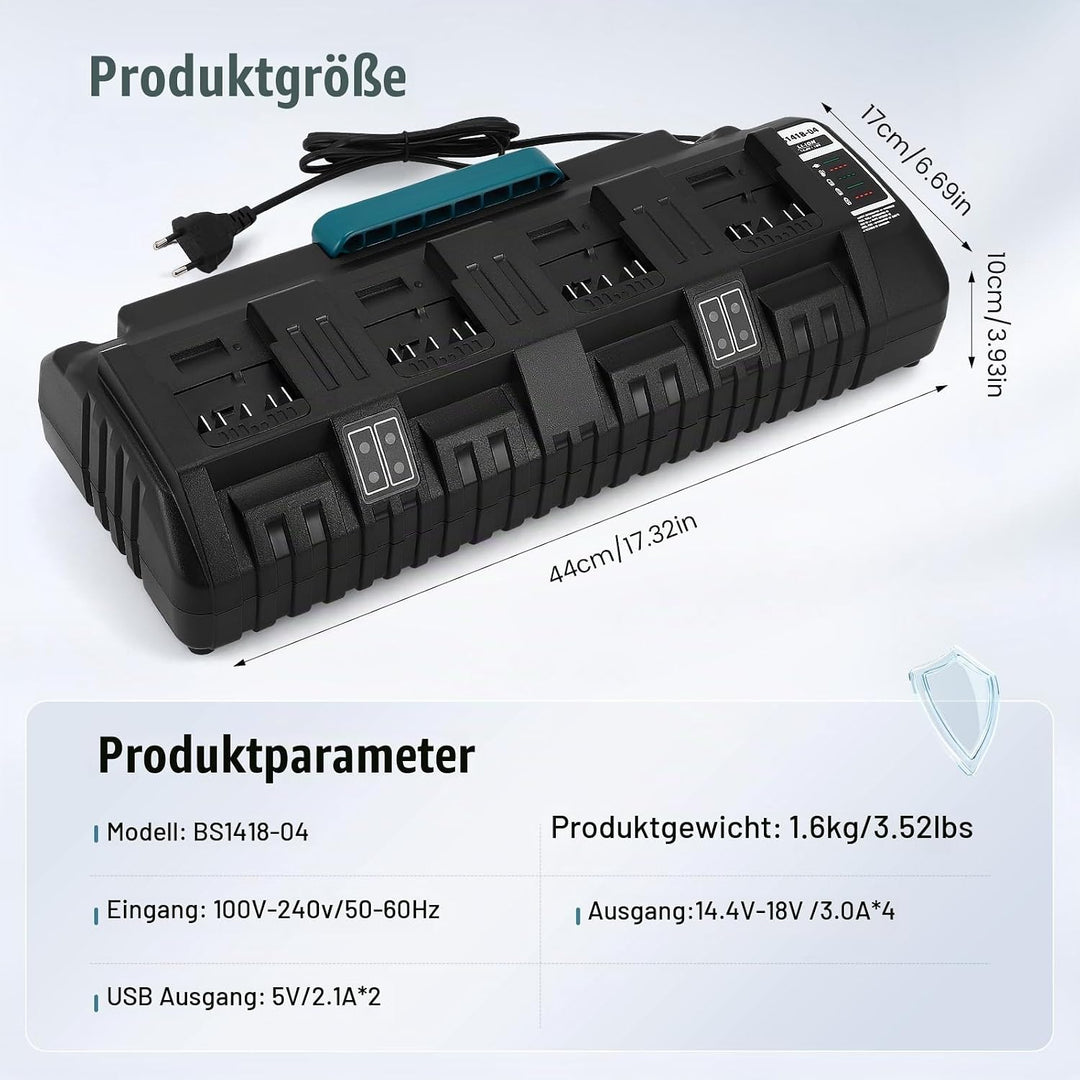 4‑Fach Akku‑Schnellladegerät mit Dual‑USB‑Anschlüssen | Für 14,4V‑18V Lithium‑Ionen‑Akkus, LED‑Anzei