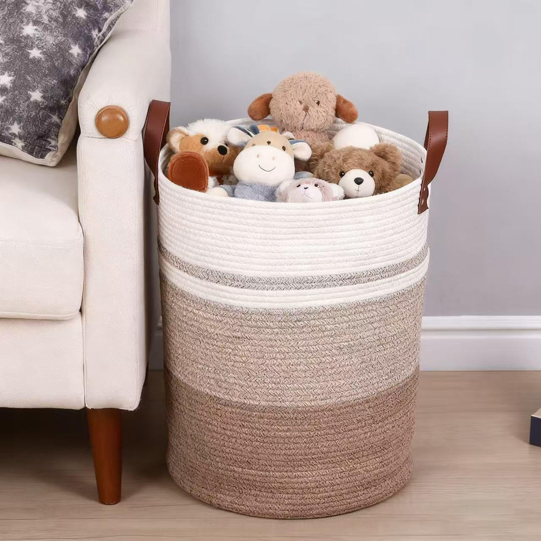 Grosser Wäschekorb aus Baumwollseil, 63L Kapazität, 50 x 40 cm, Weiss-Beige mit Ledergriffen (YM), Y