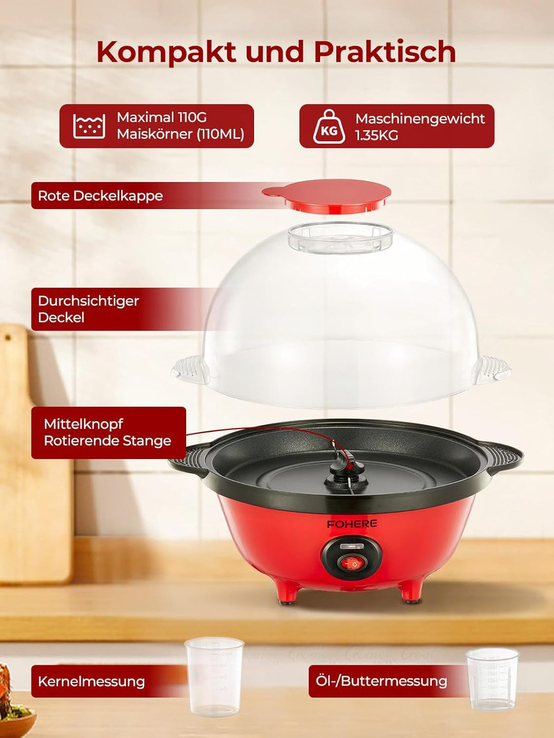 FOHERE 4,5L Popcornmaschine, 700W Popcorn Maschine mit 2 Messbecher für Zucker und Öl, Antihaftbesch
