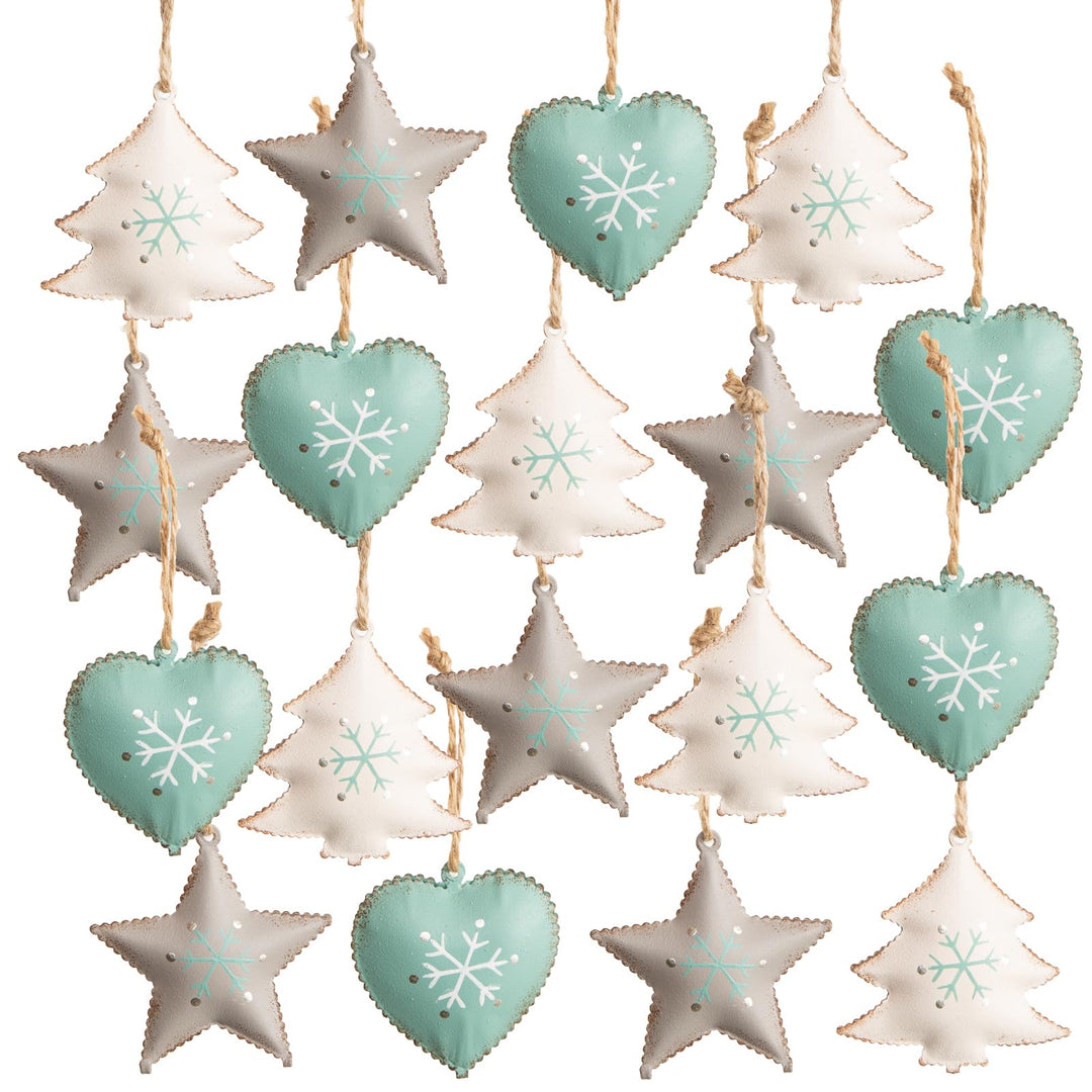18 Weihnachtsanhänger aus Metall, kleine Anhänger Stern Herz Baum, weiss türkis grau, 5 cm, Baumschm