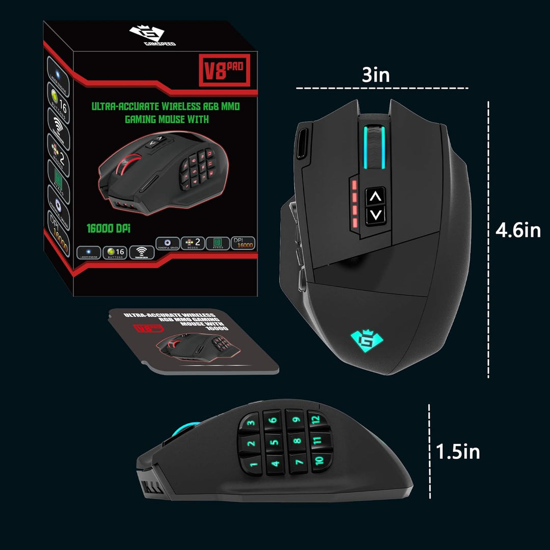 Rytaki Gamspeed V8 Pro Wireless MMO Gaming Maus 16000 DPI USB Laser MMO Maus mit RGB Beleuchtung/16