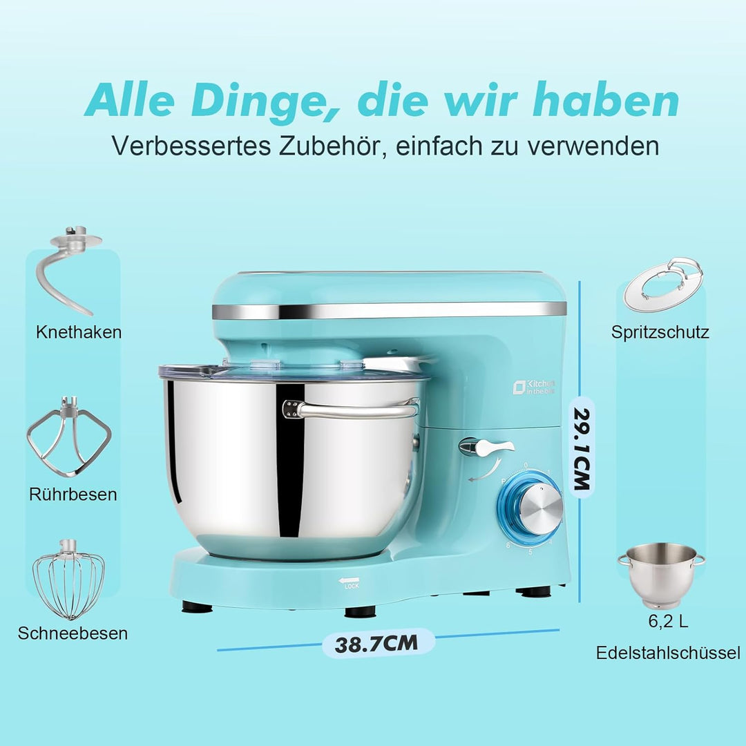 Kitchen in the box Küchenmaschine, 6,2 L Knetmaschine 1400 W, 6 Geschwindigkeits Teigmaschine mit Rü