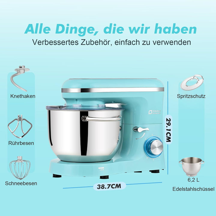 Kitchen in the box Küchenmaschine, 6,2 L Knetmaschine 1400 W, 6 Geschwindigkeits Teigmaschine mit Rü