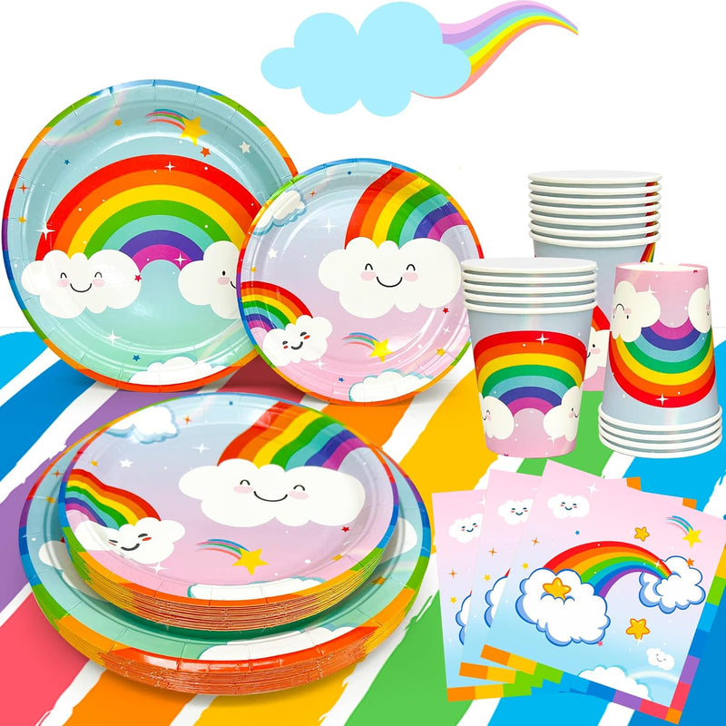 Rainbow Partygeschirr,141pcs Partygeschirr Regenbogen Set, Regenbogen Pappteller & Regenbogen Tischd