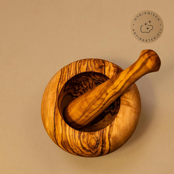 DAS OLIVENHOLZBRETT® Mörser und Stössel, Holzmörser Set mit Stoessel rund ca.14cm, 14cm