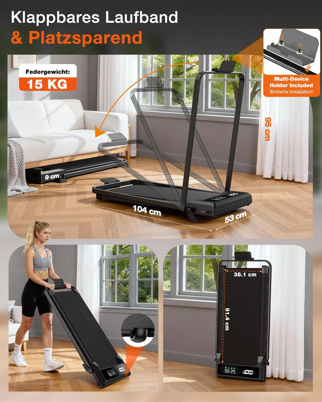 Walking Pad Laufband Klappbar 9%, 1-10 km/h, Brushless Motor | Zuhause und Büro,