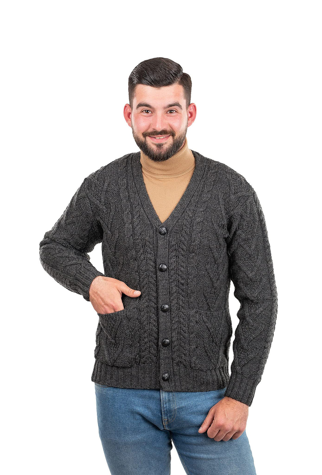 SAOL Herren Aran Irish Cable Knit Strickjacke Cardigan aus 100% Merinowolle mit V-Ausschnitt und Knö