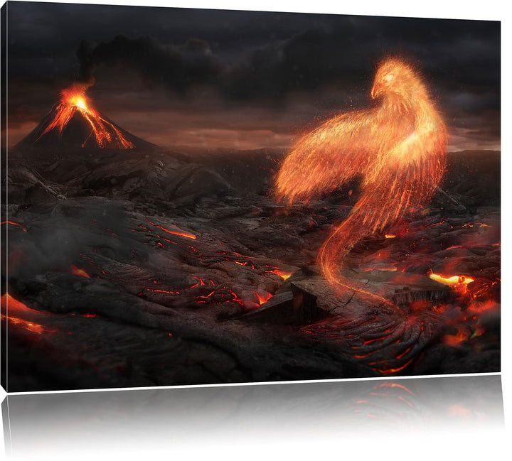 Pixxprint Brennender Phönix Vulkanlandschaft als Leinwandbild/Grösse: 100x70 cm/Wandbild/Kunstdruck/