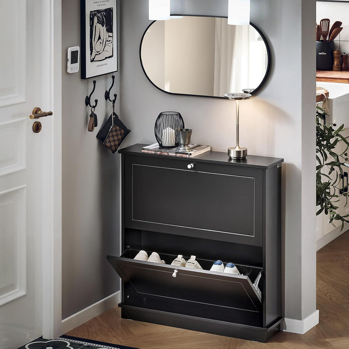 SoBuy Schuhschrank Schmal Schuhkipper Schmal mit 2 Klappen - für bis zu 10 Paar Schuhe, stabil und k