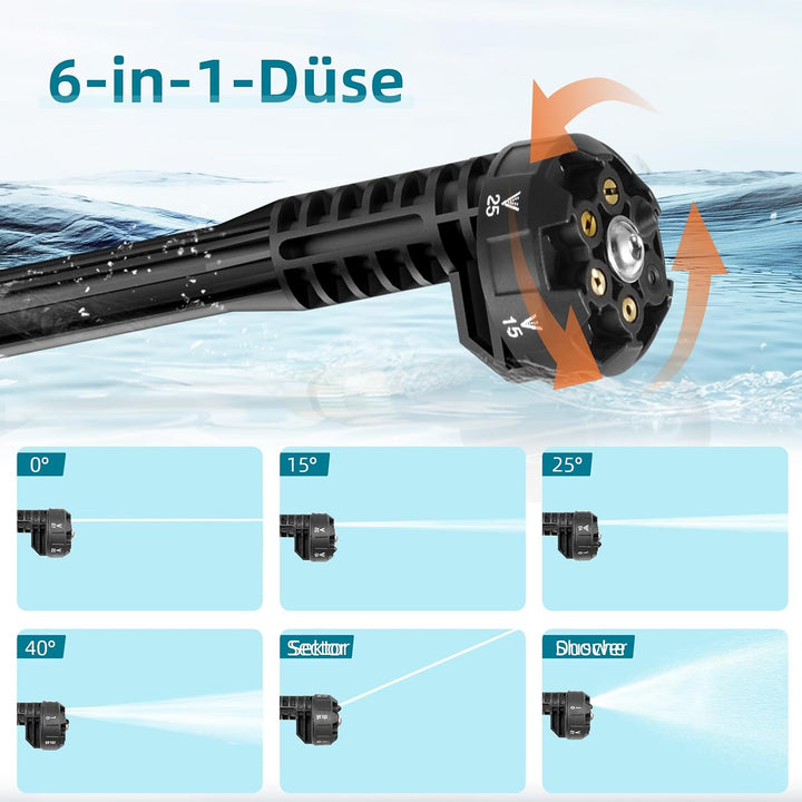Akku Hochdruckreiniger, 100bar Pressure Washer, Mobiler Hochdruckreiniger Mit 6-IN-1 Düse, 5M Schlau