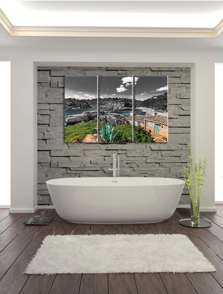 Pixxprint Ferienhaus an der spanischen Küste B&W Detail 3-Teiler Leinwandbild 120x80 Bild auf Leinwa