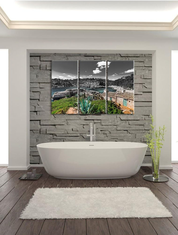 Pixxprint Ferienhaus an der spanischen Küste B&W Detail 3-Teiler Leinwandbild 120x80 Bild auf Leinwa