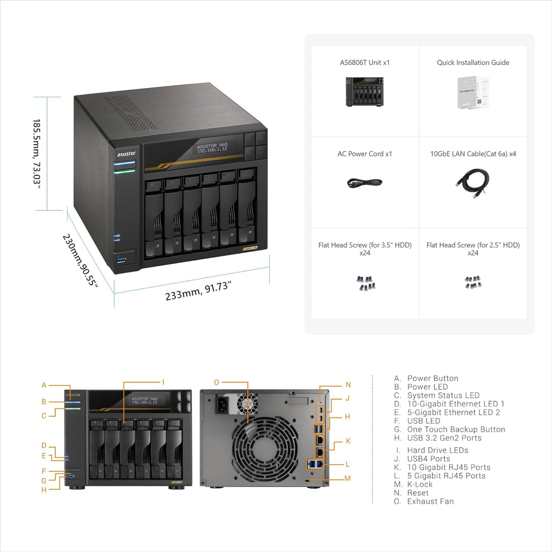 Asustor Lockerstor 6 Gen3 AS6806T 6 Bay NAS Netzwerkspeicher, AMD Ryzen Quad-Core 2.3 GHz, 16GB RAM