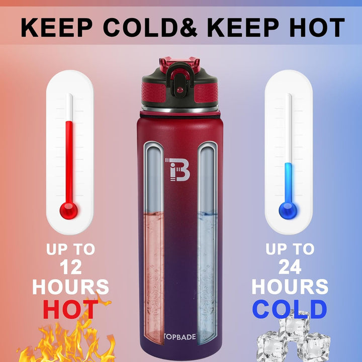 TOPBADE Edelstahl Trinkflasche Sport mit Strohhalm Deckel & Chug Deckel 1L, BPA-Frei Isolierte Wasse