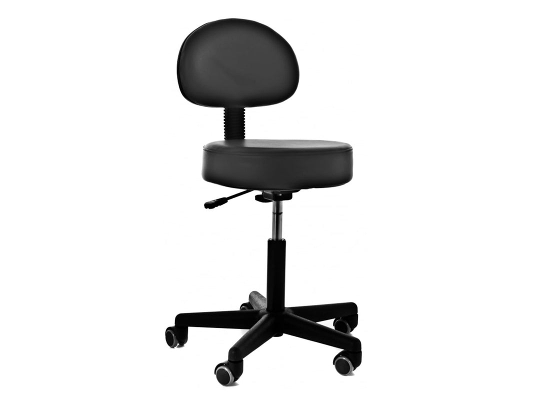 QUIRUMED Hocker mit Rückenlehne, Gaslift, mit 5 Rädern, Schwarze Farbe, hochdichte Kunstlederpolster