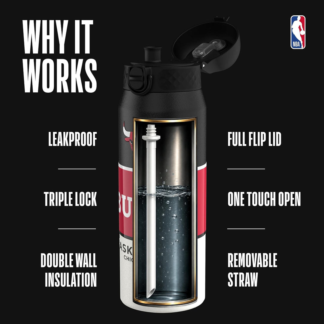 ion8 NBA Chicago Bulls Trinkflasche Mit Herausnehmbarem Strohhalm, 750ml/24oz, Auslaufsichere Isolie