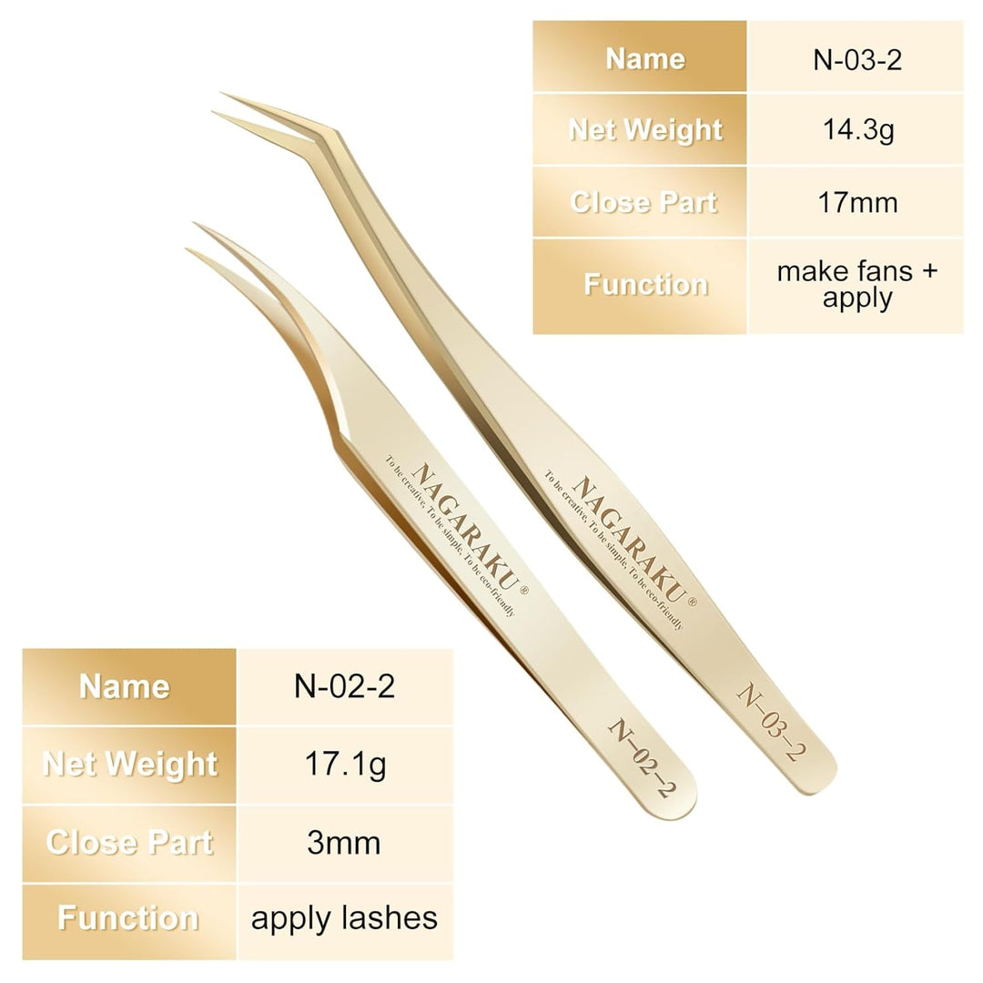 NAGARAKU Wimpernpinzette Set 1 Paar Professionelle Präzisionspinzette Gold Edelstahl Nagelpinzette L