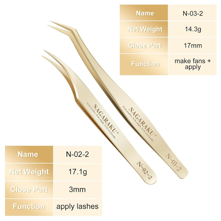 NAGARAKU Wimpernpinzette Set 1 Paar Professionelle Präzisionspinzette Gold Edelstahl Nagelpinzette L